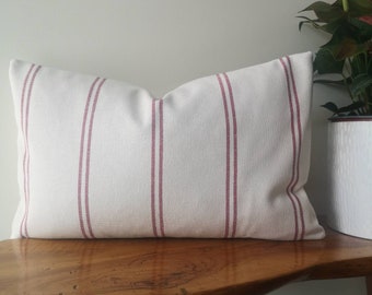 French vintage country sack type fabric ivory off white red double ticking stripes striped cushion cover