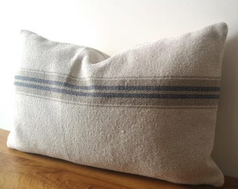 Rustic grey Striped Cushion Cover: French Farmhouse style rectangular grain sack pillow