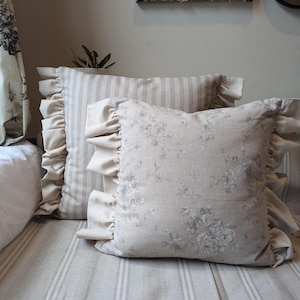 Shabby Chic Floral Cushion Cover: Beige Cream Linen with Frills
