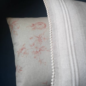 French vintage country linen look beige cream striped stripes mini pom pom trim fabric pink red roses flower floral cushion cover image 3