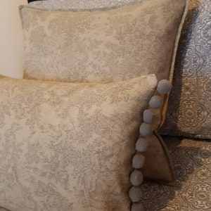 French Toile Cushion Cover: Grey Linen Look, Beige Pom Poms