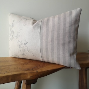 Handmade Floral Stripe Cushion Cover: Grey Linen Look
