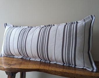 French  lumbar grey white wide stripes oblong rectangular cushion country linen look grey beige striped natural neutral farmhouse 100% linen