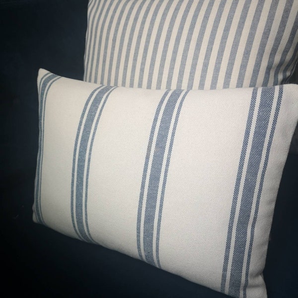 French vintage country linen look blue cream off  white  striped pin stripes  fabric nautical cushion cover