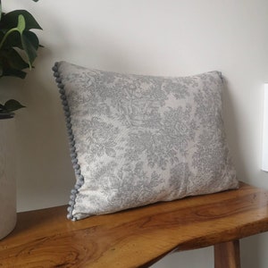 French vintage grey  toile cushion cover country grey linen look grey fabric pom pom trim cushion cover