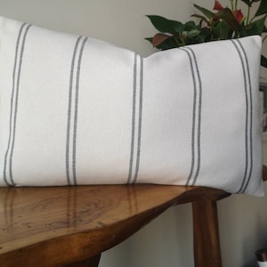 French vintage country linen look off white cream grey double ticking stripes striped sack type fabric cushion cover