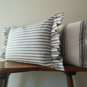 French  country blue cushion cover linen look rectangular cream striped pin stripes  fabric frills plaids horizontal nautical