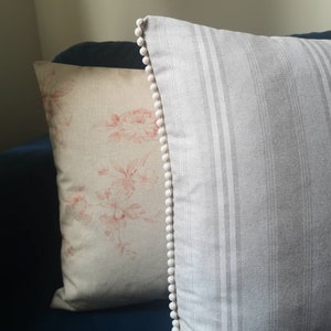 French Country Floral Cushion Cover: Linen Look with Pom Pom Trim