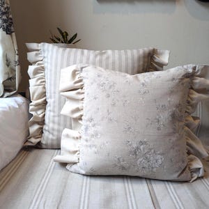Shabby Chic petite Floral Cushion Cover: Grey Beige with linen Frills farmhouse pillow