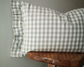 Gingham Ruffle Cushion Cover: Beige Linen Look, Modern Farmhouse rectangular Pillow