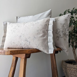 French Country Cushion Cover: Linen Blend Roses, Striped Ruffle Pillow