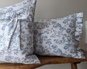 French  country blue cushion cover farmyard farmhouse horses dog linen look rectangular fabric frills plaids bow nautical
