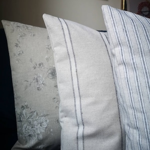 French Country Cushion Cover: Vintage Floral & Striped Linen Look