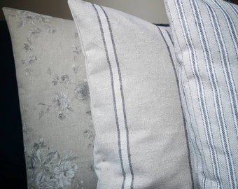 French  cushion cover floral rectangular set uk vintage country linen look grey beige striped  stripes ticking striped fabric roses flower