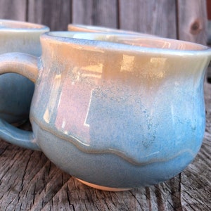 Potbelly Stoneware Mugs, Soft Blue Lake Mist Glaze Design, A Very Huggable Mug, 11-12 oz size
