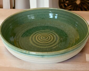 Stoneware 'Blate' Bowl, 1/2 Plate and 1/2 Bowl, Ivory and Green Glaze Design, 9.25" Dia