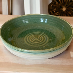 Stoneware Bowl / Plate Combination &#39;BLATE&#39;, Soft Green Interior with Ivory Exterior Glaze, Serves Hot & Cold, Stoneware Pasta Bowl