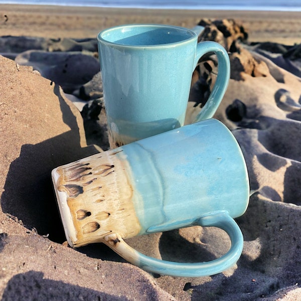 Stoneware Tall Latte Mug | Gone to the Beach Glaze Design | Stoneware |  Large Handle | A Great Comfort Mug to Relax and Call your Own
