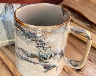 Stoneware Angular Coffee Mug: 'Alberta Dawn' Glaze Design, Large Handle, Big 16 oz Mug