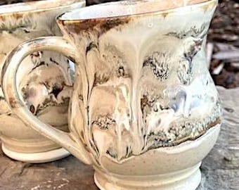 Curvy Stoneware Coffee Mug, Artisan Hand Glazed 'Alberta Dawn'  Design, Coffee Lovers Mug, Nice 12 oz size