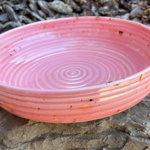 May include: A pink ceramic bowl with a swirl design. The bowl is sitting on a rock.