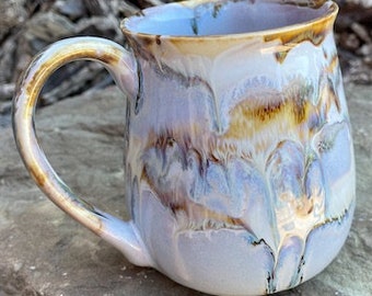 Hand Glazed Stoneware Potters Coffee Mug, Funky Purple Glaze Design, Large Handle, 22 oz