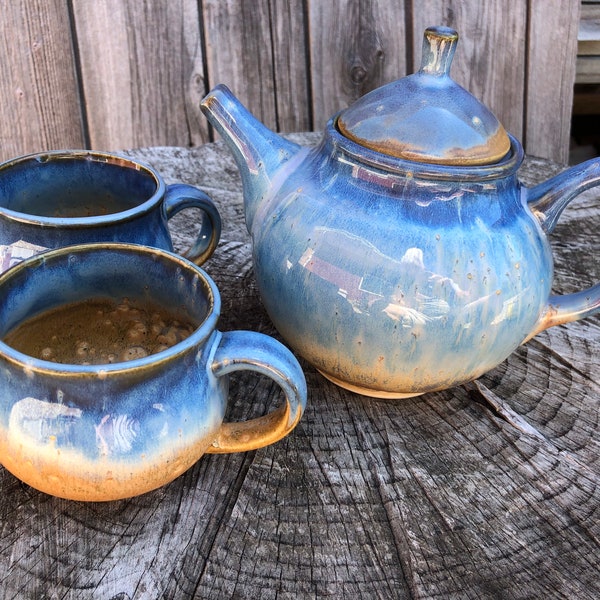 SET: Stoneware T-Pot and 2 Potbelly Mugs | Dessert Oasis| Custom Glazed | Keeps Tea HOT! | Great Gift Idea | Big Savings