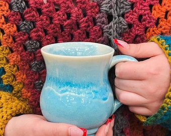 Curvy Stoneware Mug, Hand Glazed, Calm Light Blue Lake Mist Glaze Design, Large Handle, 16 oz, Rustic Cottage Lake Mug