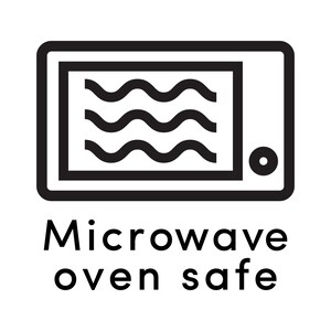May include: Black and white icon of a microwave oven with wavy lines inside. The text below reads "Microwave oven safe".