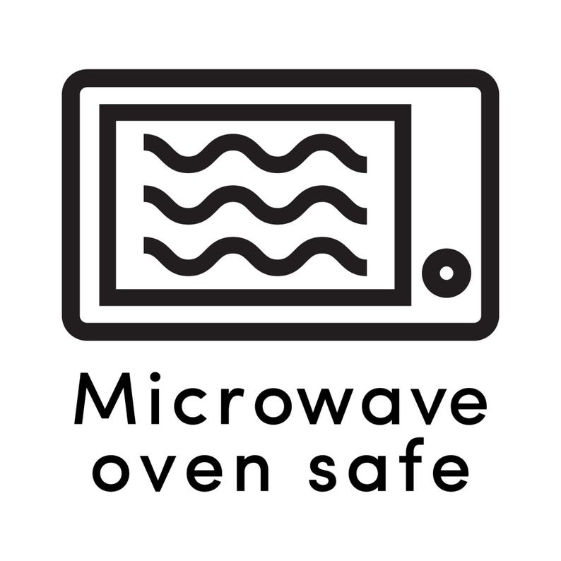 May include: Black and white icon of a microwave oven with wavy lines inside. The text below reads "Microwave oven safe".