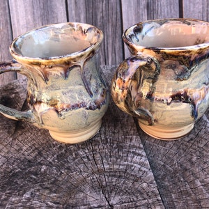 Coffee Mug, Curvy Stoneware Functional Art you can use Everyday, 'Alberta Dawn' Glaze Design, Large Handle, Purple Brown Glaze Design