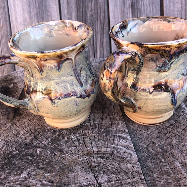 Coffee Mug, 'Alberta Dawn' Glaze Design, Curvy Stoneware Functional Art you can use everyday, Large Handle, 9th Anniversary Gift