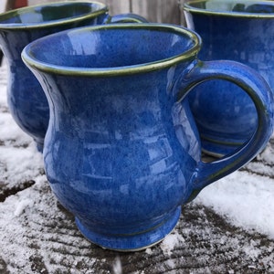 Stoneware Curvy Mug, Deep Blue Green Planet Glaze Design, Large Handle, 12 oz