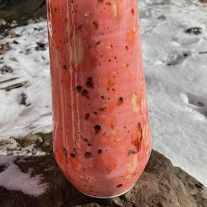 Peut inclure: Un vase en céramique cylindrique et élancé, à base arrondie. Le vase présente un glaçage rose et orange moucheté de taches brun foncé. Le vase est posé sur un rocher brun rugueux, sur fond de neige.