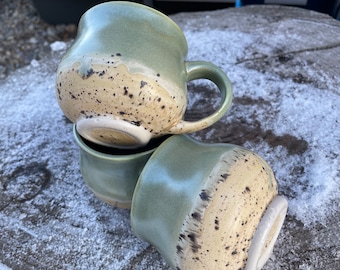 Stoneware Potbelly Mugs, Green Country Roads Glaze Design,  Comfy and Curvy Shape, 9th Anniversary Gift, Stoneware Solid