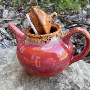 Hand Glazed Stoneware Teapot, Warm Rustic Red Cabin Glaze Design, 4-Cup Capacity