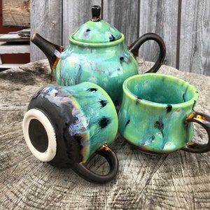 SET: Stoneware T-Pot and 2 Nordic Mug Set | Jungle Jazz Glaze Design | Custom Glazed | Keeps Tea HOT! | Great Gift Idea | Big Savings