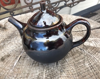 Large Stoneware Tea Pot,  Black Wrought Iron & Bronze Glaze Glaze Design, 4 Cup Capacity, Stoneware Keeps Tea Hot