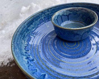 Stoneware Chip and Dip Platter, Stoneware, Blue Green Rushing River Glaze Design, Perfect as a Party Platter, 9th Anniversary or Gift