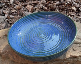 Stoneware 'Blate' Bowl,  Planet Earth Blue/Green Glaze Design, 1/2 Bowl - 1/2 Plate Hybrid Pottery Dish