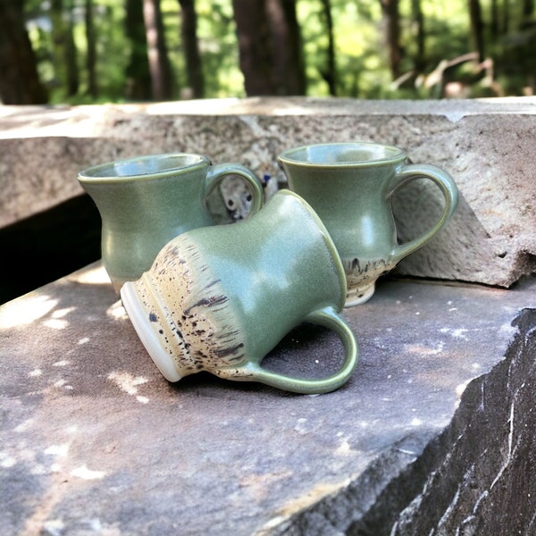 Mug, Homestyle Curvy Stoneware Mug, Soft Green Country Road Glaze Design, Stoneware Mug, Large Handle,  9th Anniversary Wedding Gift