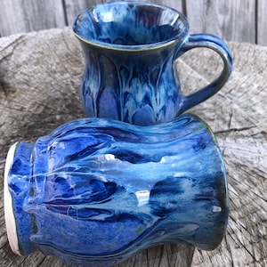 Stoneware Curvy Mug, Rushing River Blue Glaze Design, Stoneware Mug, Large Handle, 9th Year Anniversary Gift for Husband & Wife, 12 oz