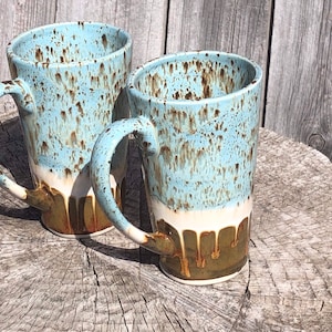 Stoneware Tall Latte Mug | 'Earth and Sky' Glaze Design | Stoneware |  Large Handle | A Great Comfort Mug to Relax and Call your Own