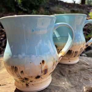 Stoneware Curvy Coffee Mug, Gone to the Beach Glaze Design, Functional Art you can use everyday, Large Handle, 9th Anniversary, Gift Idea