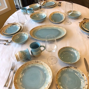 Stoneware Pottery Dinnerware Set, Custom Glazed by Hand to your Preference,  DW & MW Safe,  Basic Sets of 2 or 4, Complete Sets of 4 or 12