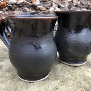 Curvy Stoneware Mug: Hand Glazed Ironwood Black, Large Handle, 12 oz