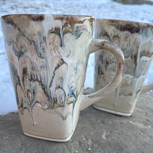 Latte Stoneware Mug, Exciting 'Alberta Dawn’ Glaze Design, Sq Bottom-Round Top, Large Handle, 9th Anniversary Gift for Husband & Wife
