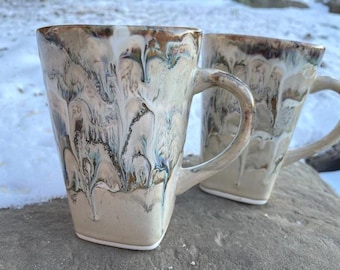 Latte Stoneware Mug, Exciting 'Alberta Dawn’ Glaze Design, Sq Bottom-Round Top, Large Handle, 9th Anniversary Gift for Husband & Wife