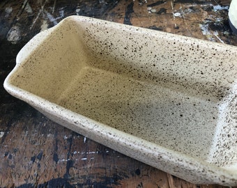 Stoneware Loaf Pan, Eggshell  Winterwood Glaze Design, Custom Glazed, Easy Clean Up, Stoneware Baker, Oven Proof