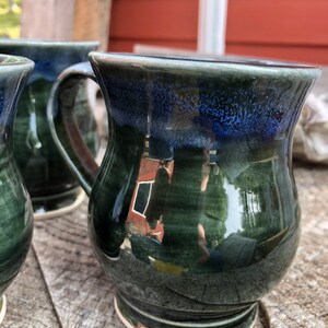 Coffee Mug, Homestyle Curvy Mugs, Deep Green Northern Woods Glaze Design,  Stoneware Durable,   Large Handle, Rustic Cabin Camping Mug